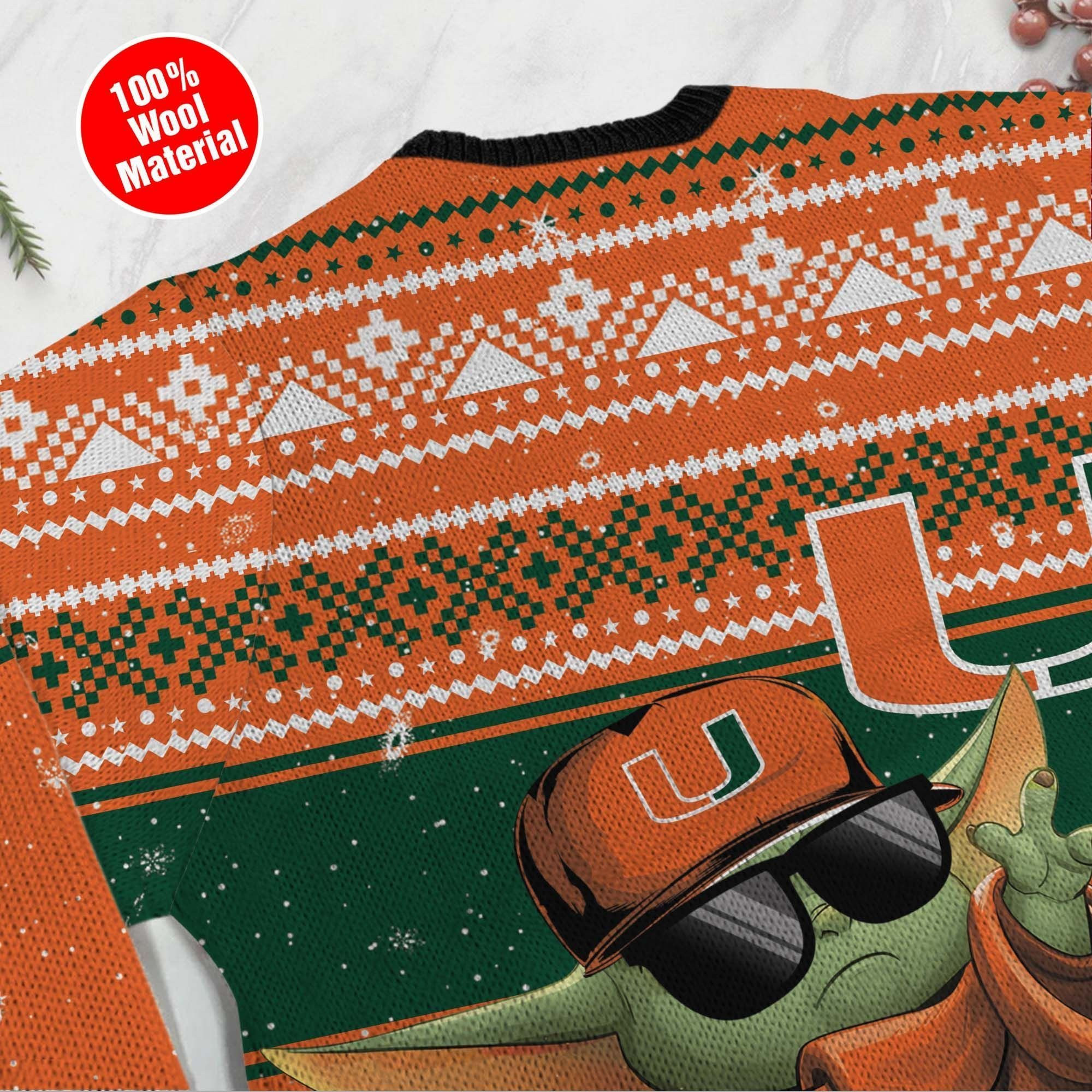 Miami Hurricanes Grogu Baby Yoda Hug Logo Ugly Christmas Sweater Adult 3D Funny Matching for family - Image 2