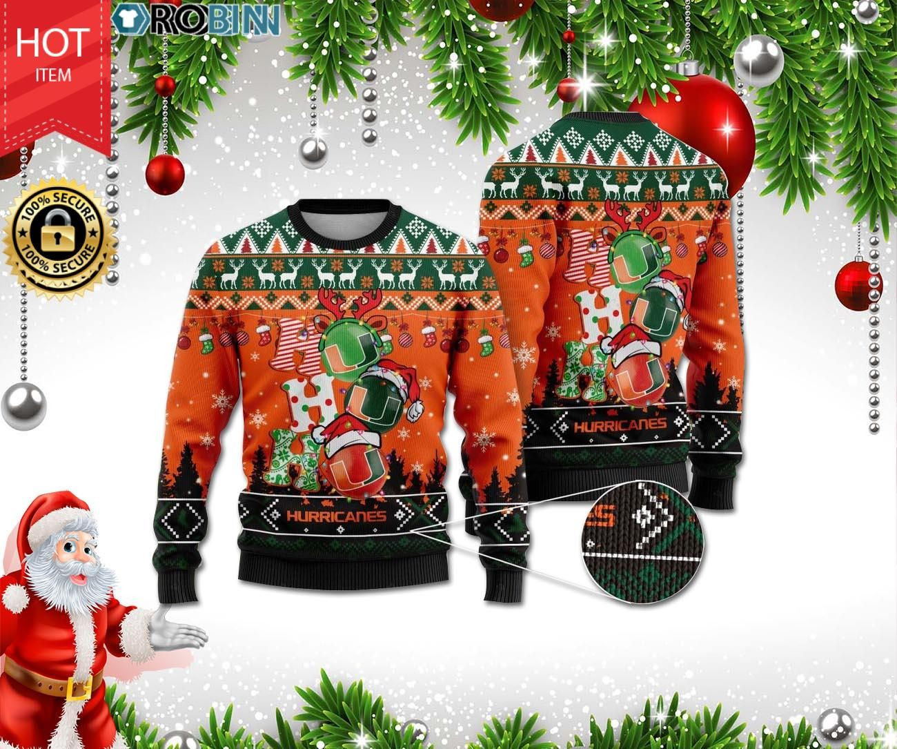 Miami Hurricanes Ho Ho Ho 3D Print Ugly Christmas Sweater Adult 3D Funny Matching for family
