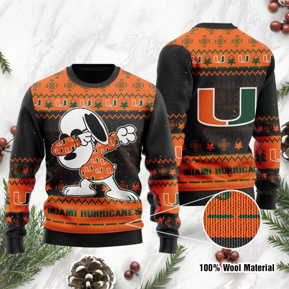 Miami Hurricanes Snoopy Dabbing Ugly Christmas Sweater Adult 3D Funny Matching for family
