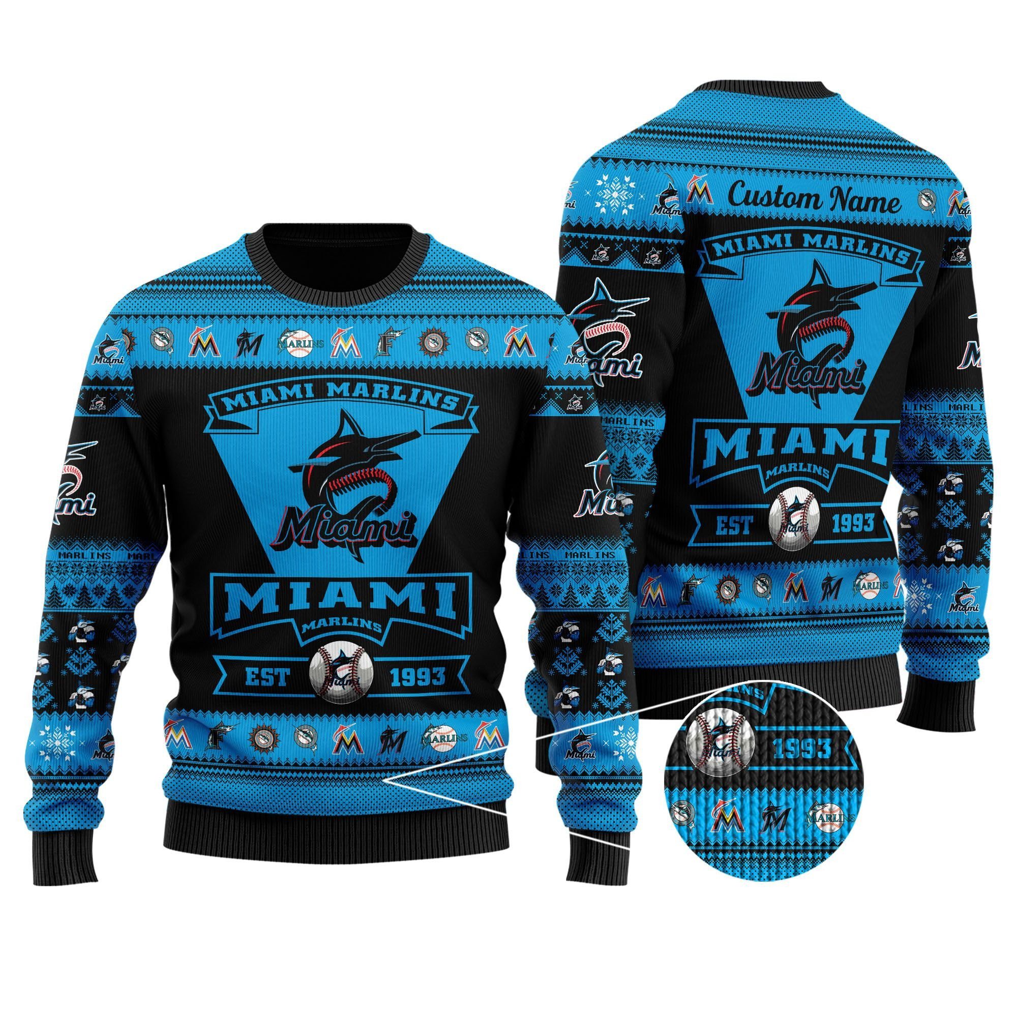 Miami Marlins Football Team Logo Custom Name Personalized Ugly Christmas Sweater Adult 3D Funny Matching for family