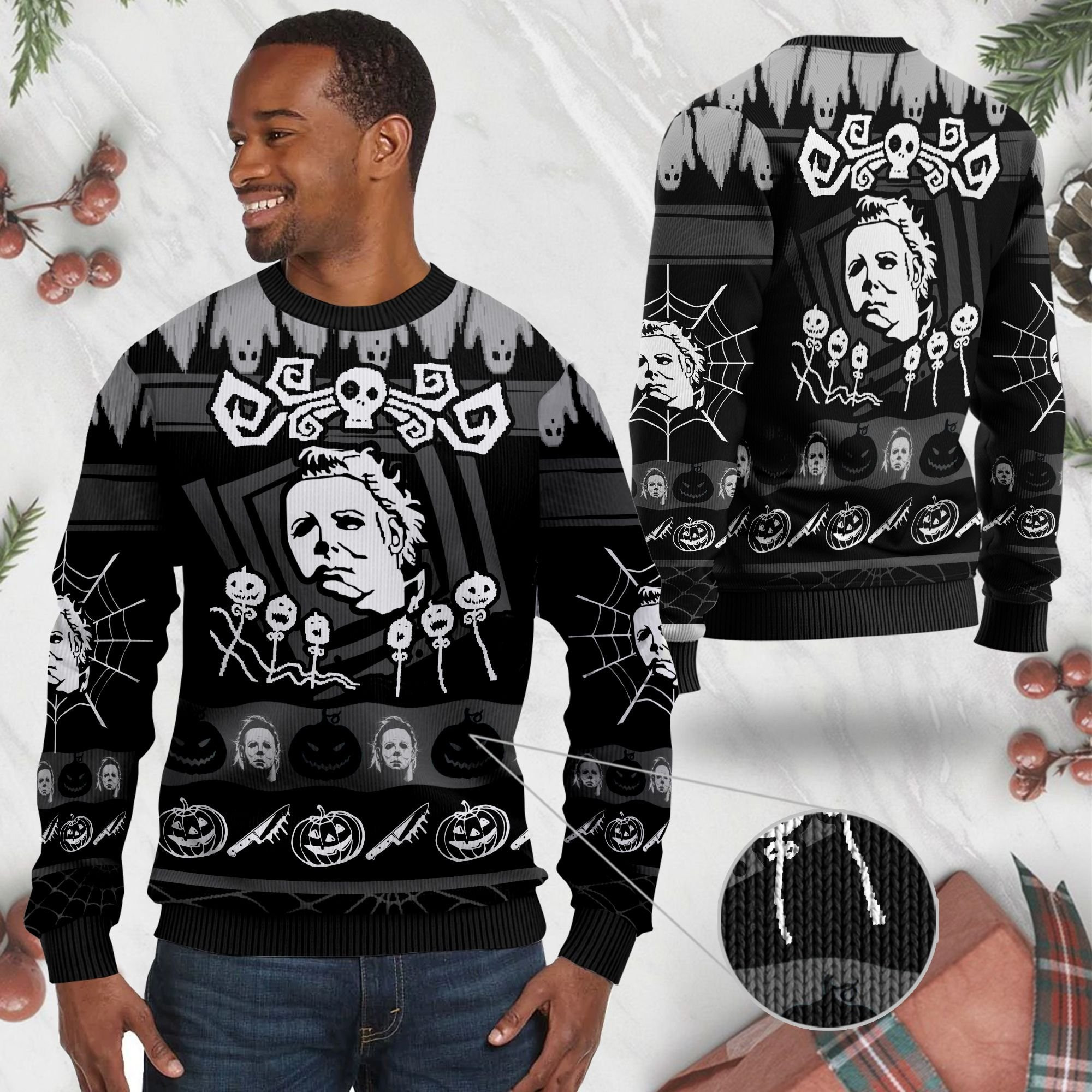 Michael Myers Halloween Black For Scary Movies Fans Ugly Christmas Sweater Adult 3D Funny Matching for family - Image 2