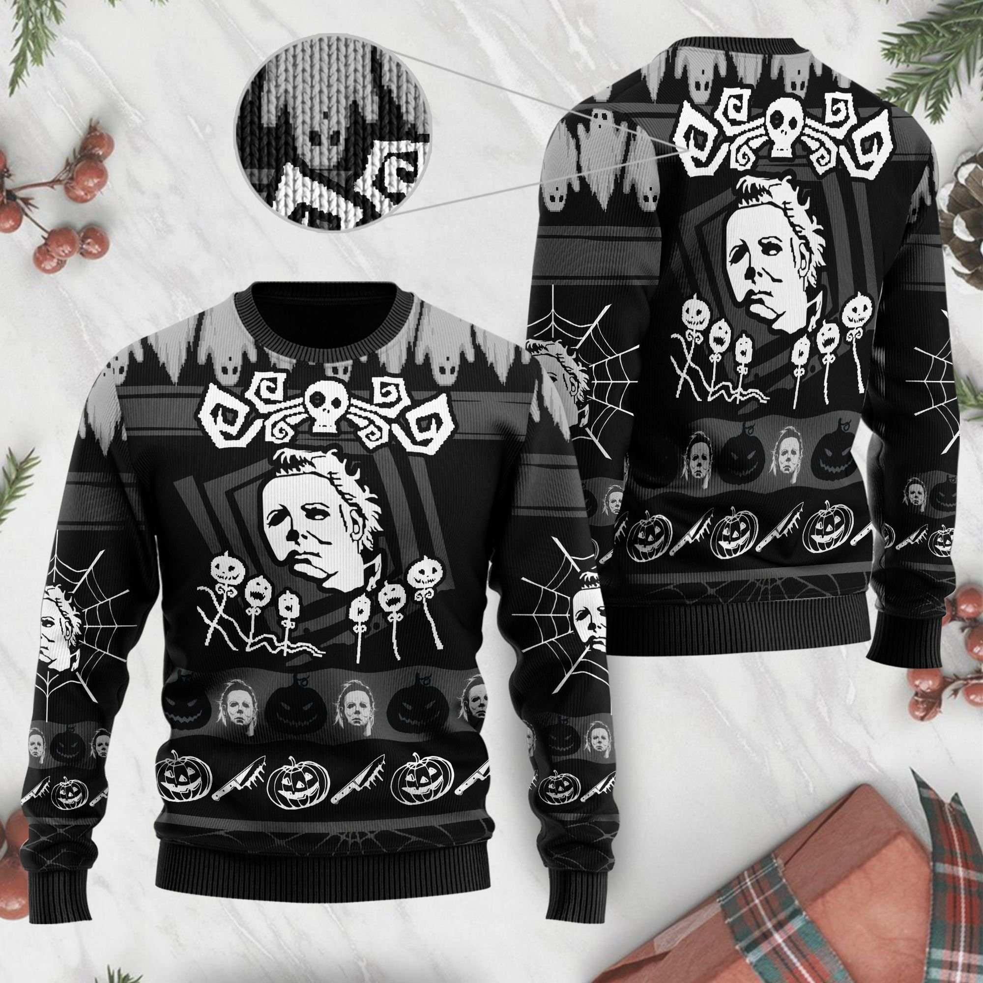 Michael Myers Halloween Black Ugly Christmas Sweater Adult 3D Funny Matching for family
