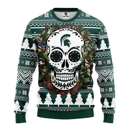 Michigan State Spartans Skull Flower Ugly Christmas Sweater Adult 3D Funny Matching for family