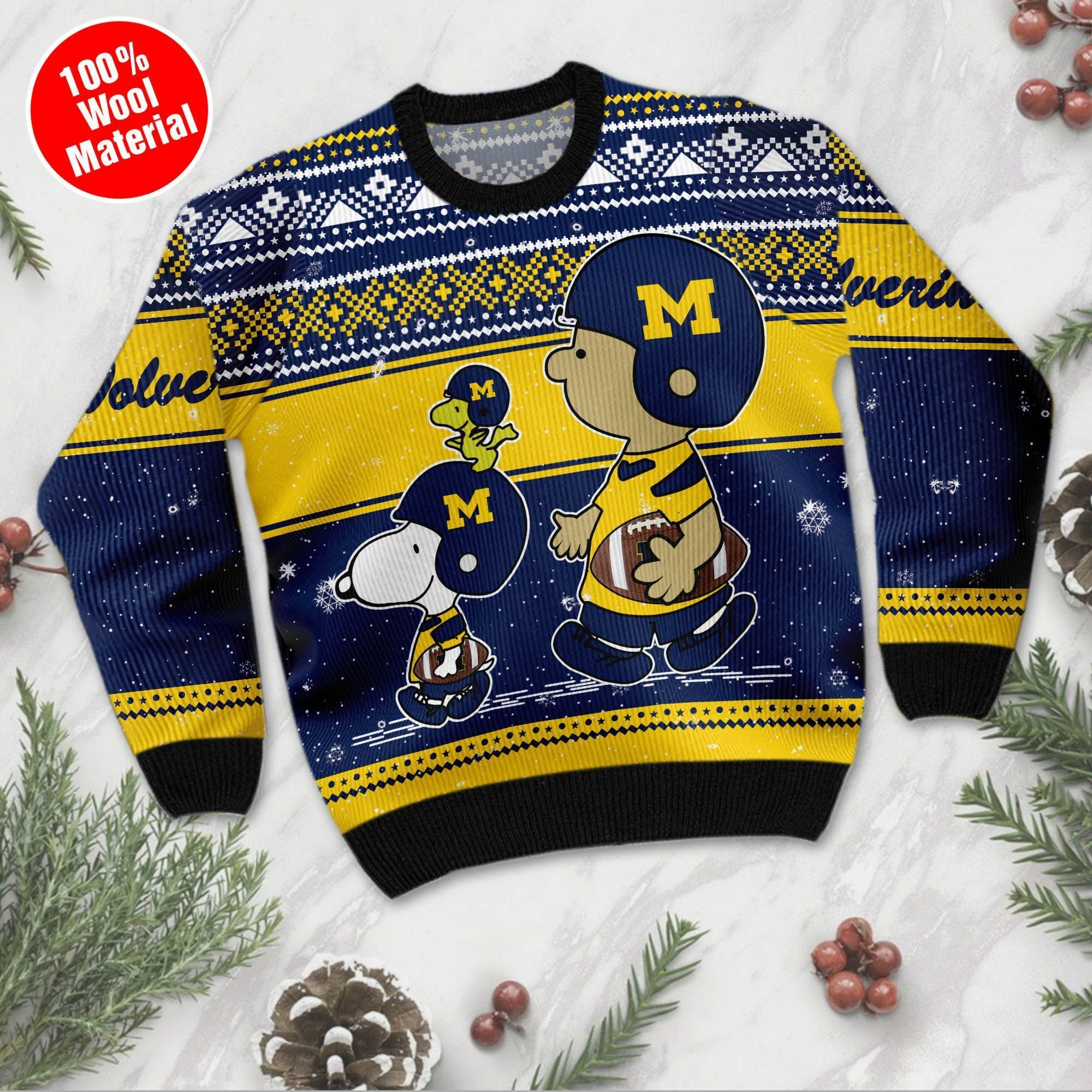 Michigan Wolverines Charlie Brown Snoopy Wear Football Jersey Ugly Christmas Sweater Adult 3D Funny Matching for family - Image 3