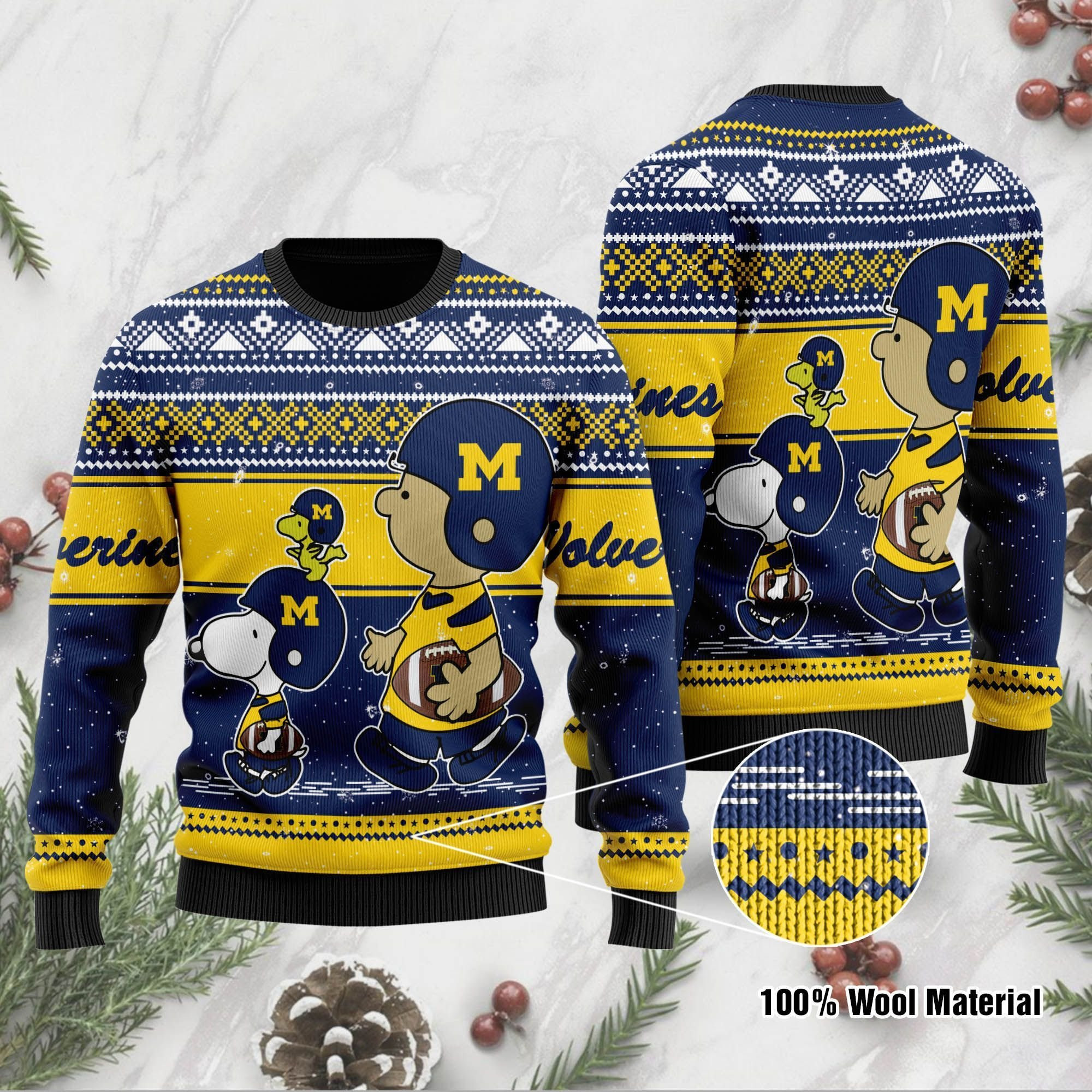 Michigan Wolverines Charlie Brown Snoopy Wear Football Jersey Ugly Christmas Sweater Adult 3D Funny Matching for family