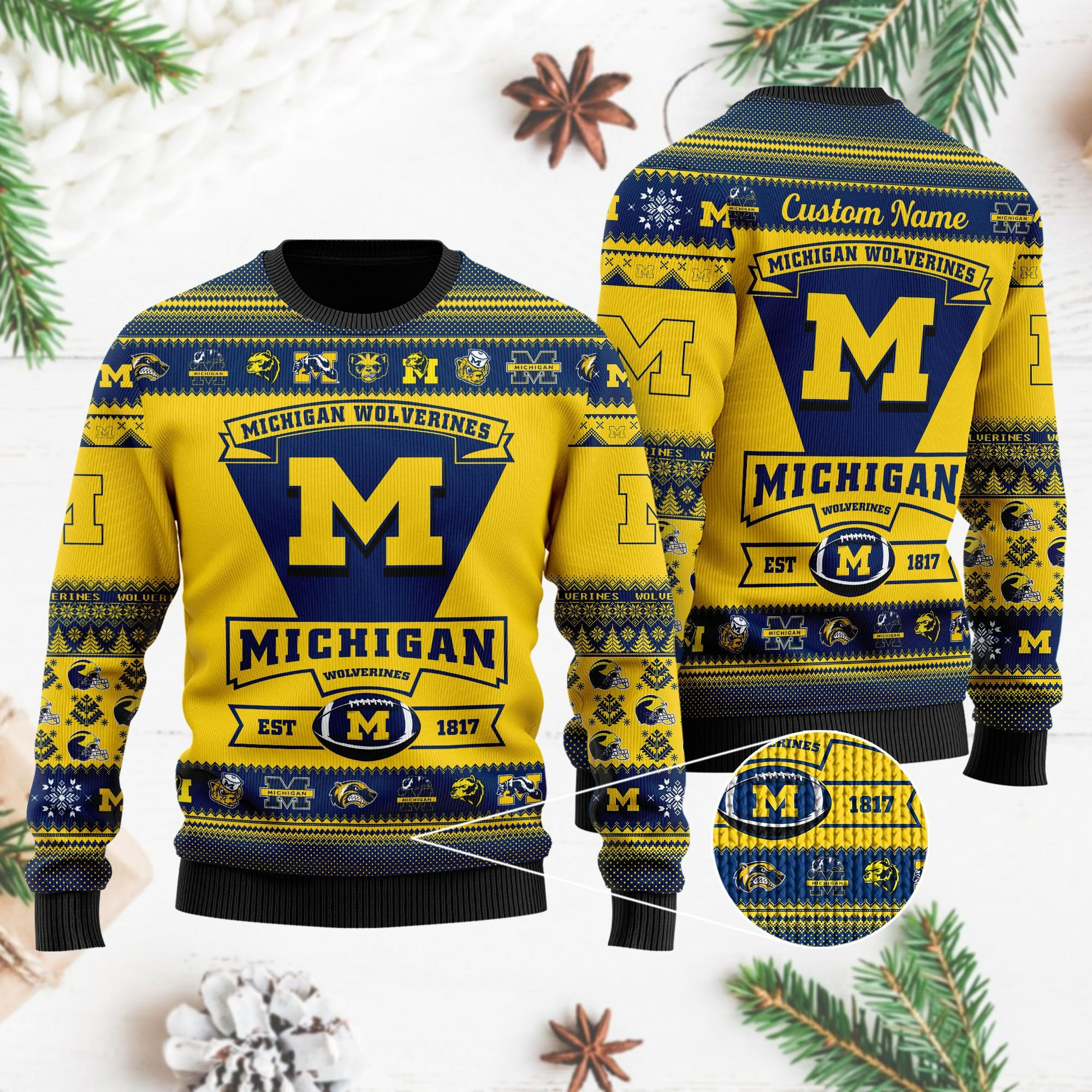 Michigan Wolverines Football Team Logo Custom Name Personalized Ugly Christmas Sweater Adult 3D Funny Matching for family