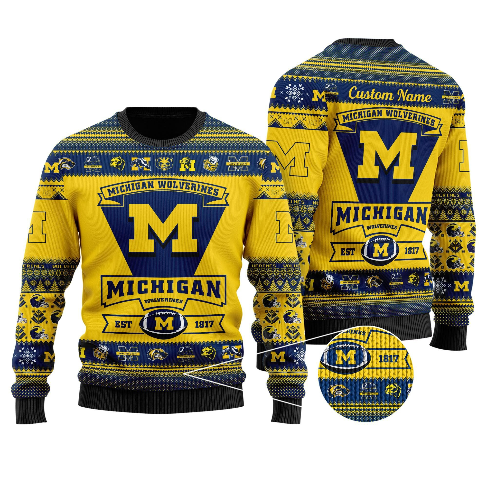 Michigan Wolverines Football Team Logo Custom Name Personalized Ugly Christmas Sweater Adult 3D Funny Matching for family - Image 2