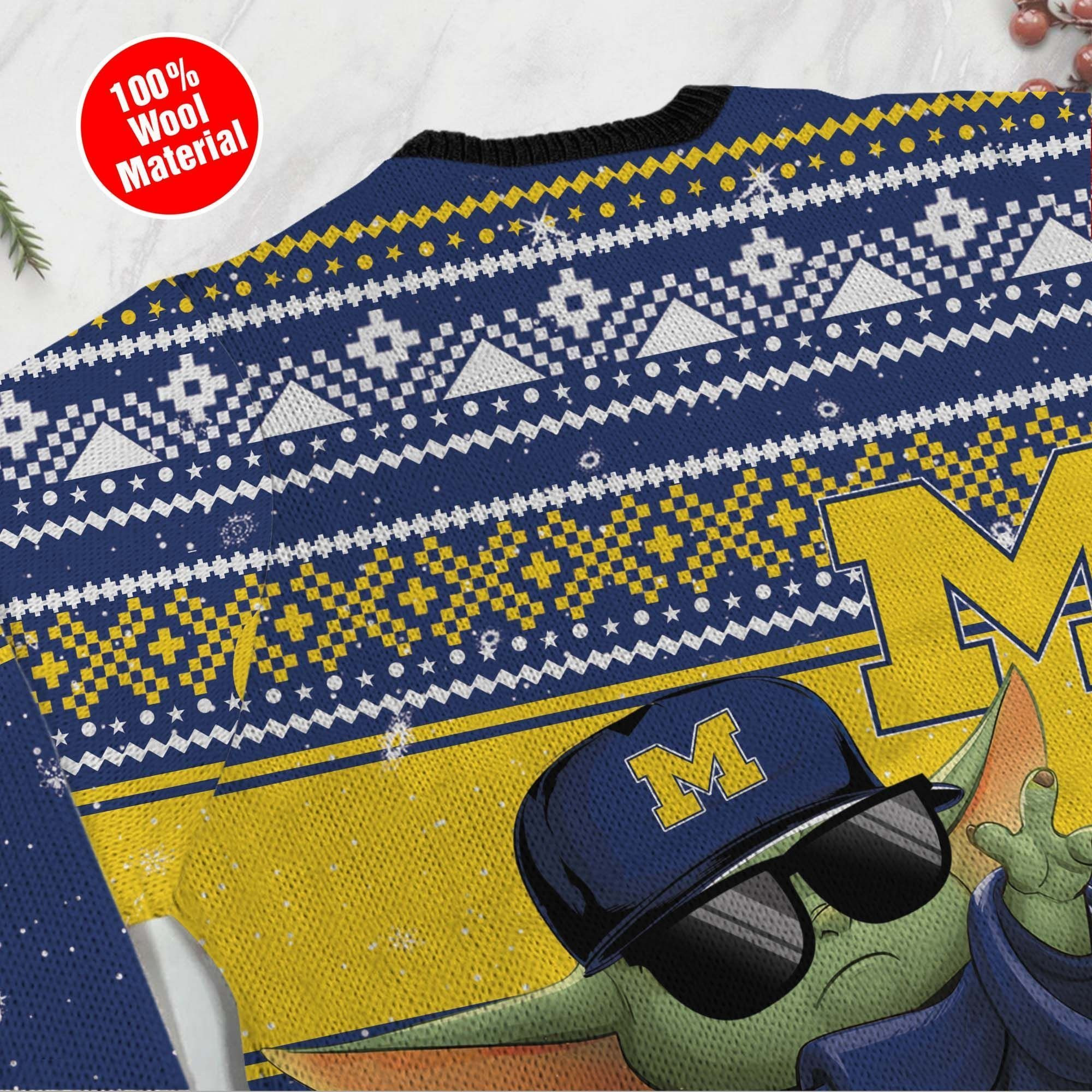 Michigan Wolverines Grogu Baby Yoda Hug Logo Ugly Christmas Sweater Adult 3D Funny Matching for family - Image 5