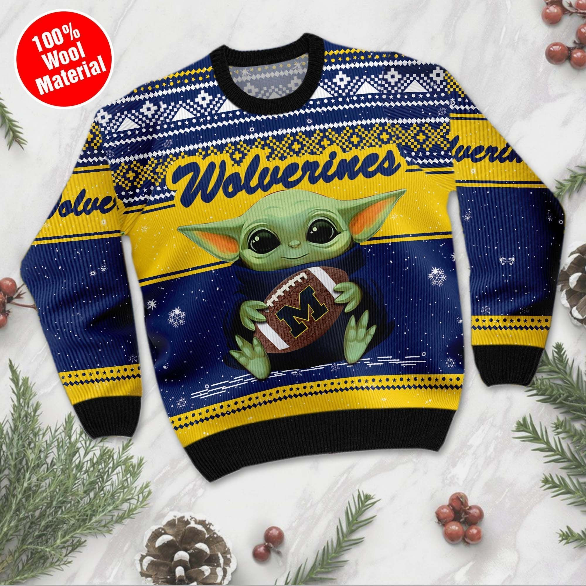 Michigan Wolverines Grogu Baby Yoda Hug Logo Ugly Christmas Sweater Adult 3D Funny Matching for family - Image 2