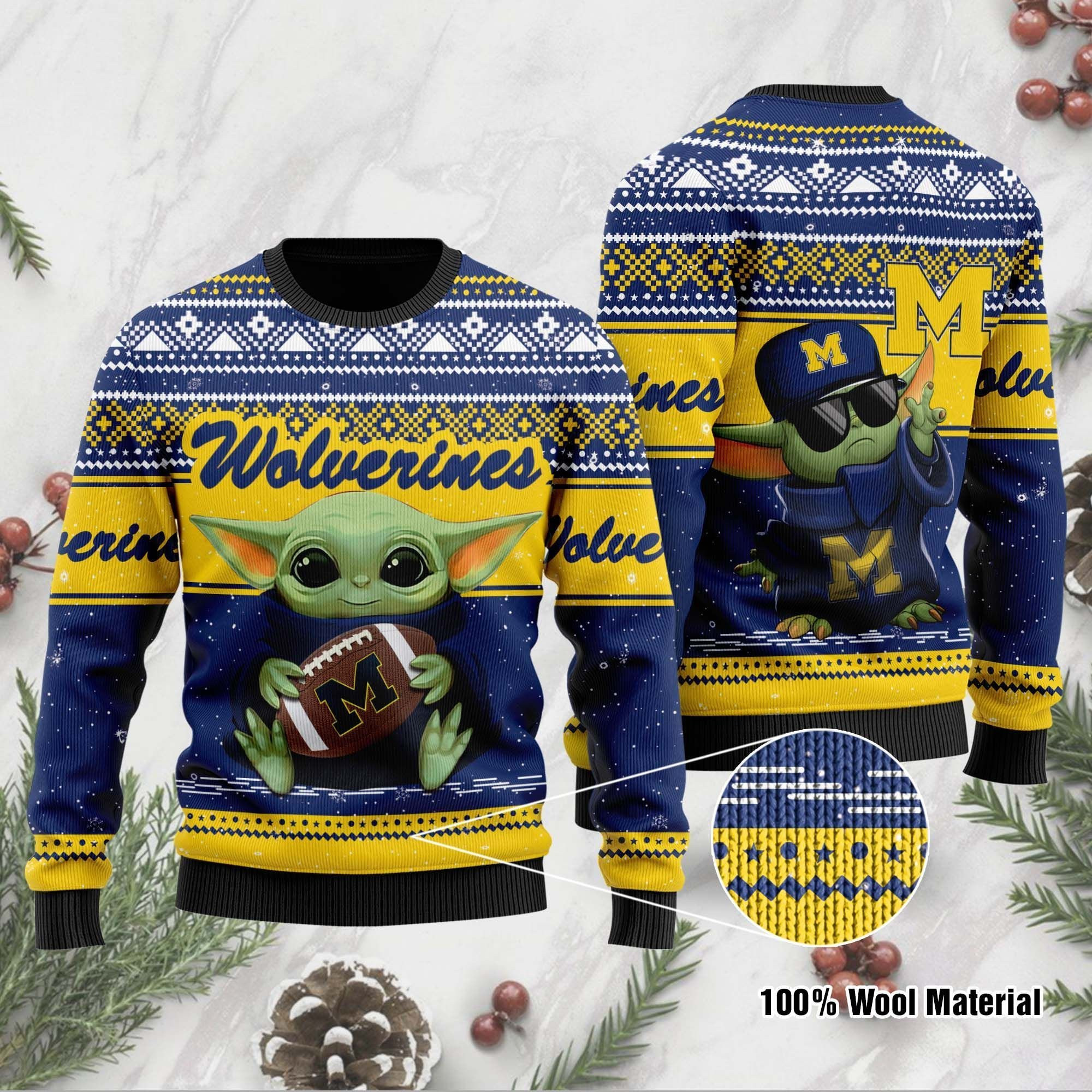 Michigan Wolverines Grogu Baby Yoda Hug Logo Ugly Christmas Sweater Adult 3D Funny Matching for family