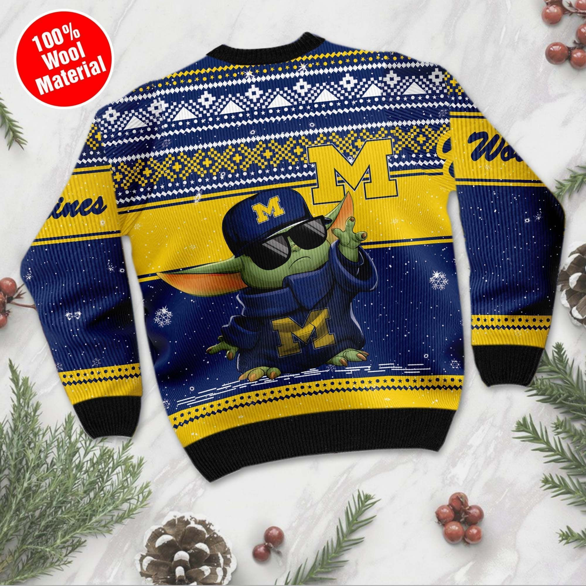 Michigan Wolverines Grogu Baby Yoda Hug Logo Ugly Christmas Sweater Adult 3D Funny Matching for family - Image 3