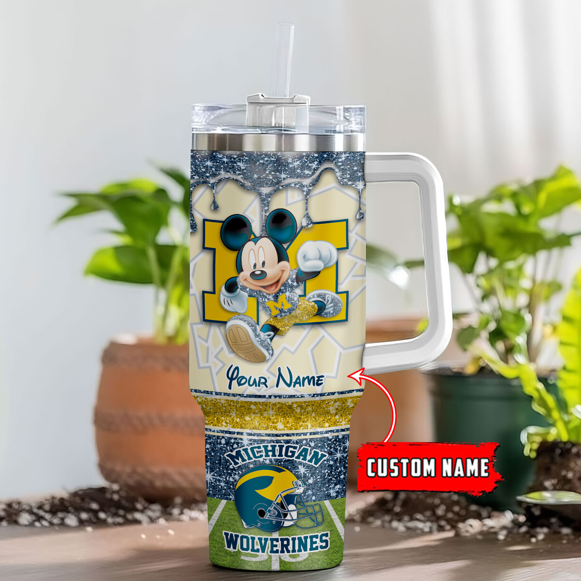 Michigan Wolverines NCAA Mickey Mouse Glitter Custom Stanley Cup 40 oz 30 oz Tumbler With HandleTVC230124