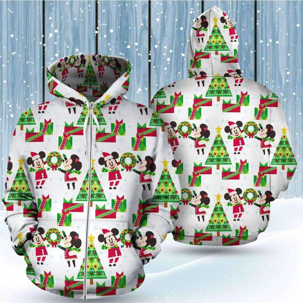 Mickey Minnie Christmas Tree Cute Pattern 3D All Over Print Hoodie, Zip Hoodie