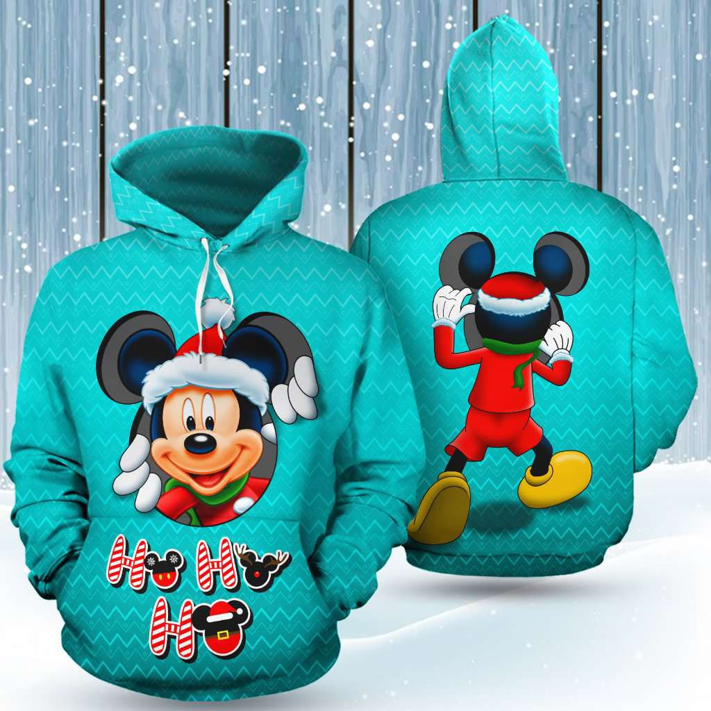Mickey Peeking Santa Blue 3D All Over Print Hoodie, Zip Hoodie