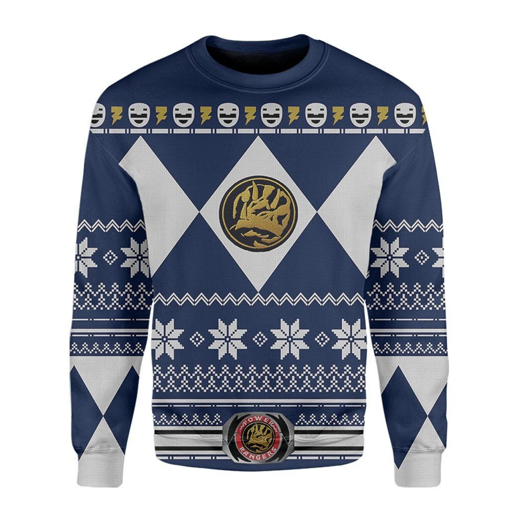 Mighty Morphin Blue Power Rangers Ugly Christmas Sweater Adult 3D Funny Matching for family