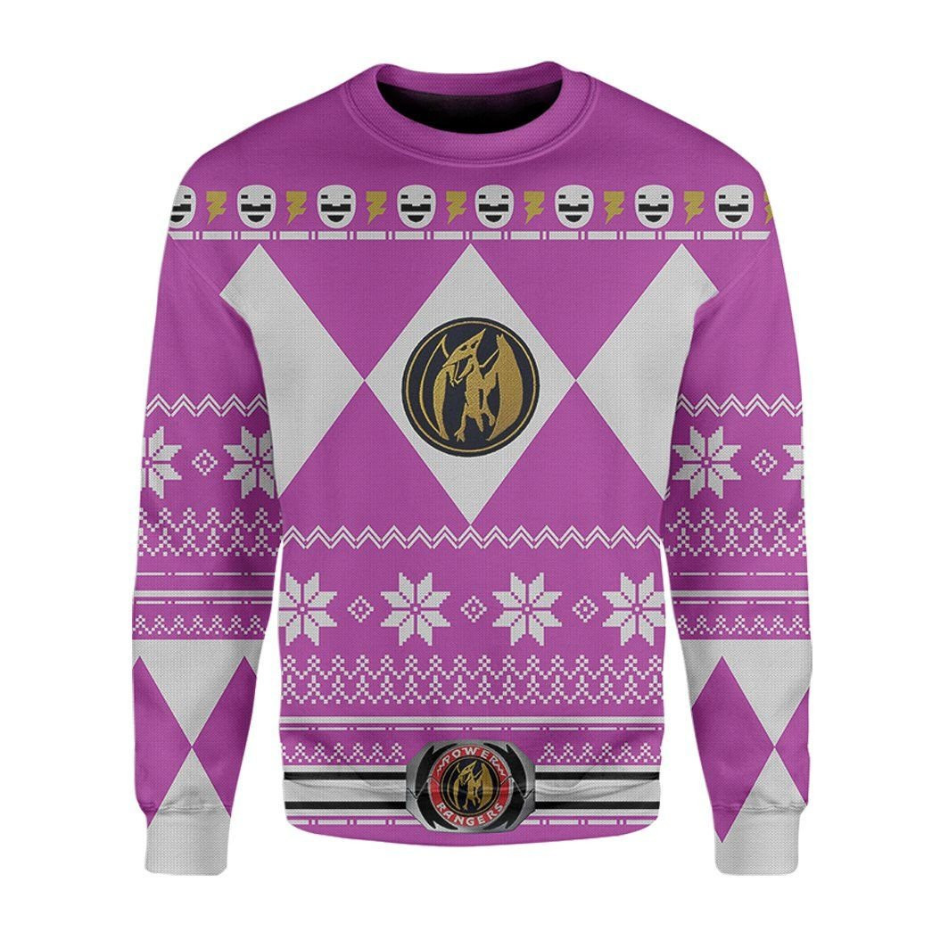 Mighty Morphin Pink Power Rangers Ugly Christmas Sweater Adult 3D Funny Matching for family