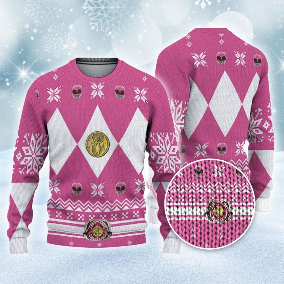 Mighty Morphin Power Rangers Pink Ranger Christmas Ugly Sweater, Family Christmas Ugly Sweater - Image 2