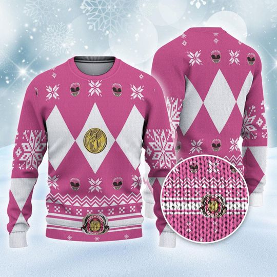 Mighty Morphin Power Rangers Pink Ranger Christmas Ugly Sweater, Family Christmas Ugly Sweater - Image 5