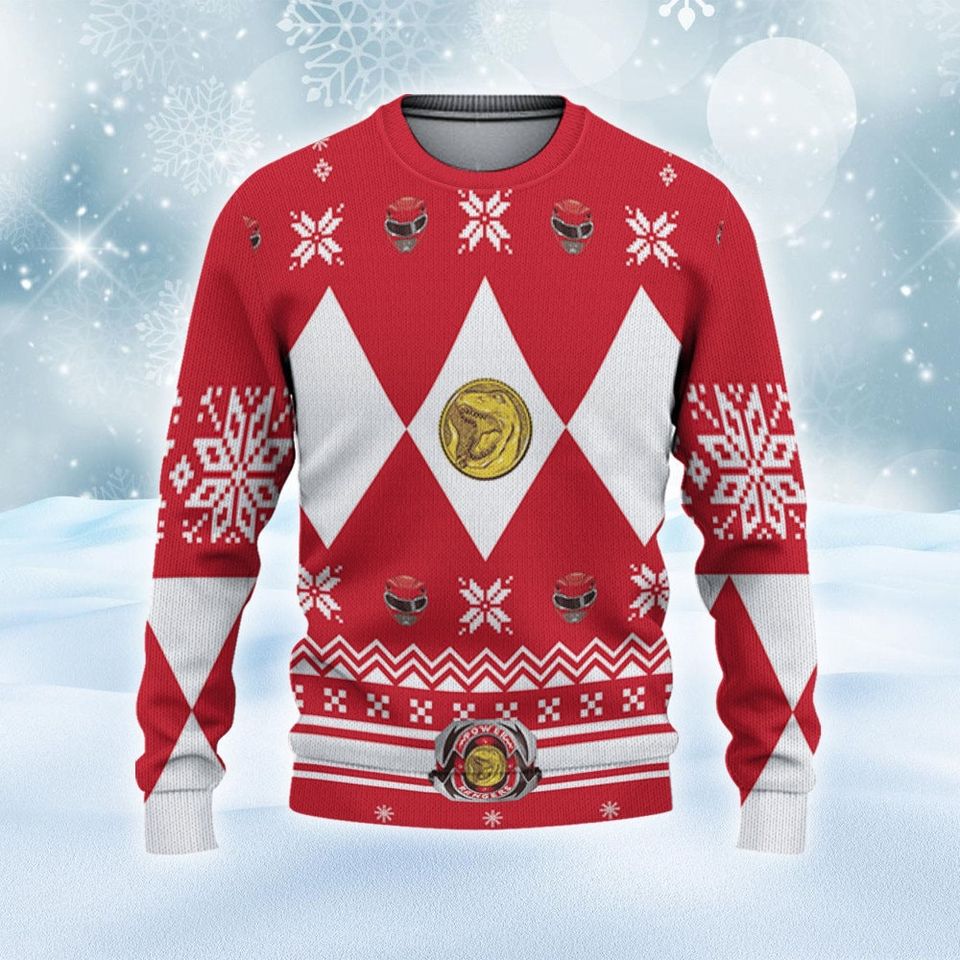 Mighty Morphin Power Rangers Red Ranger Christmas Ugly Sweater, Family Christmas Ugly Sweater