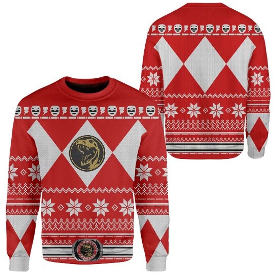 Mighty Morphin Power Rangers Red Ranger Christmas Ugly Sweater, Family Christmas Ugly Sweater