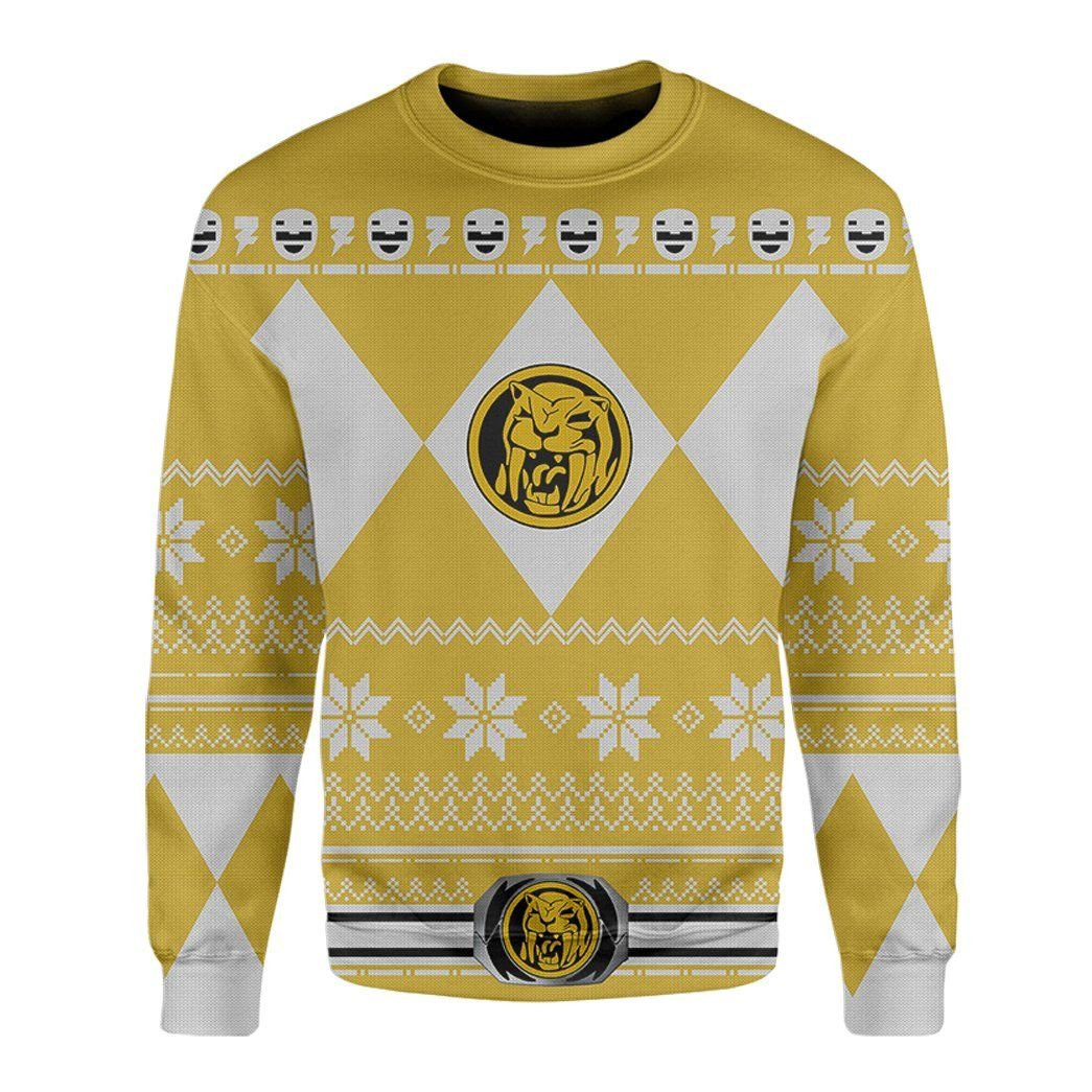 Mighty Morphin Yellow Power Rangers Ugly Christmas Sweater Adult 3D Funny Matching for family