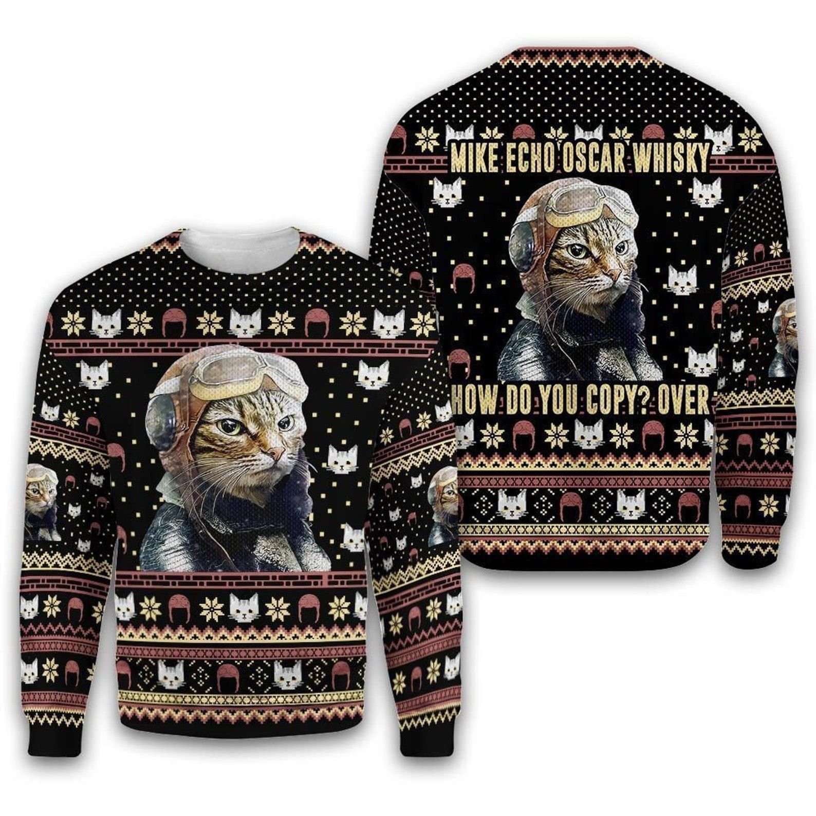 Mike Echo Oscar Whisky Cat Christmas Ugly Christmas Sweater Adult 3D Funny Matching for family
