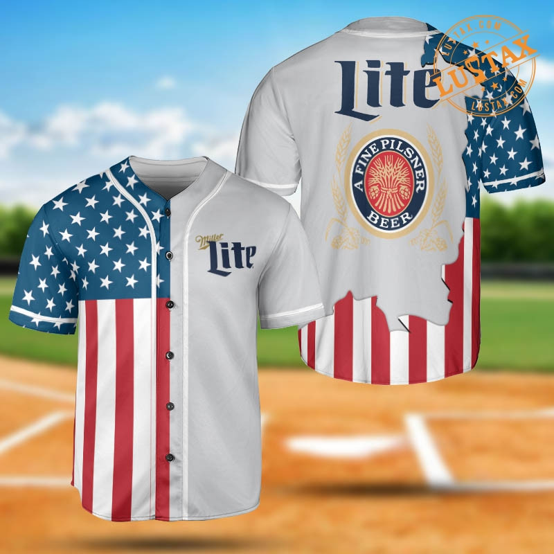 Miller Lite American Beer Baseball Jersey, Shirt For Beer Drinker, Beer Miller Ft American Flag Design Baseball Jersey Shirt Collection
