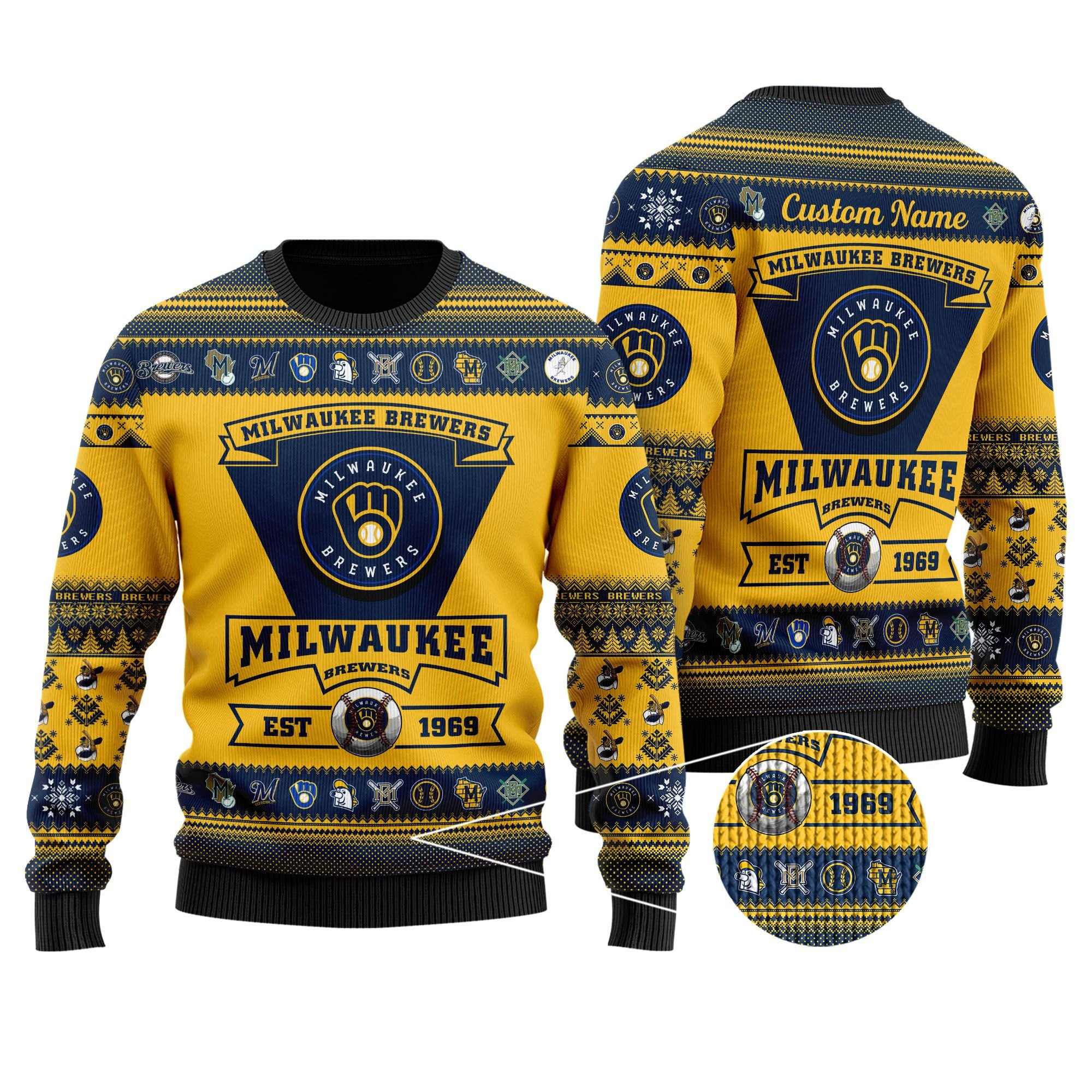 Milwaukee Brewers Football Team Logo Custom Name Personalized Ugly Christmas Sweater Adult 3D Funny Matching for family