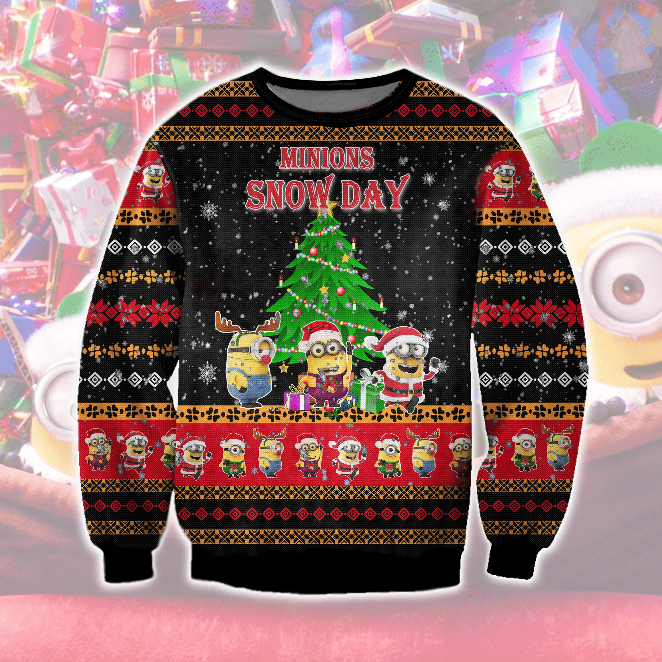 Minions Snow Day Ugly Christmas Sweater Adult 3D Funny Matching for family