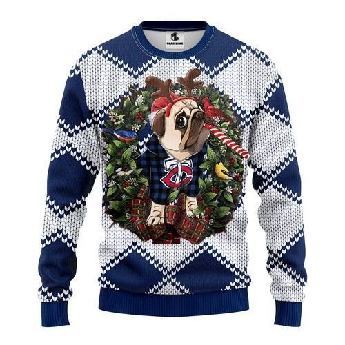 Minnesota Twins Pug Dog Christmas For Fans Ugly Christmas Sweater Adult 3D Funny Matching for family