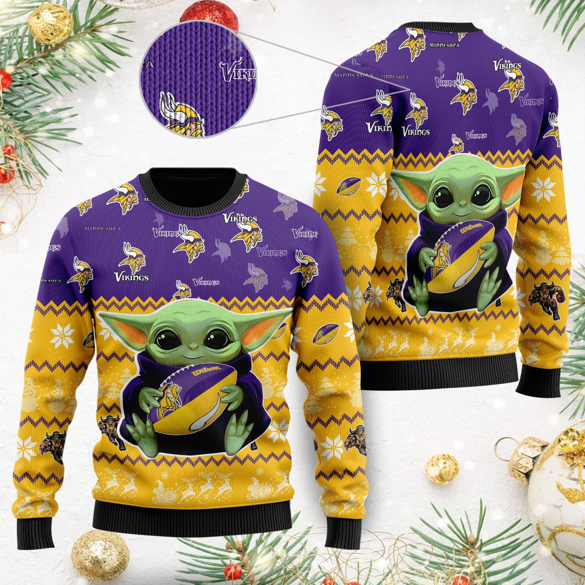 Minnesota Vikings Baby Yoda Shirt For American Football Fans Ugly Christmas Sweater Adult 3D Funny Matching for family