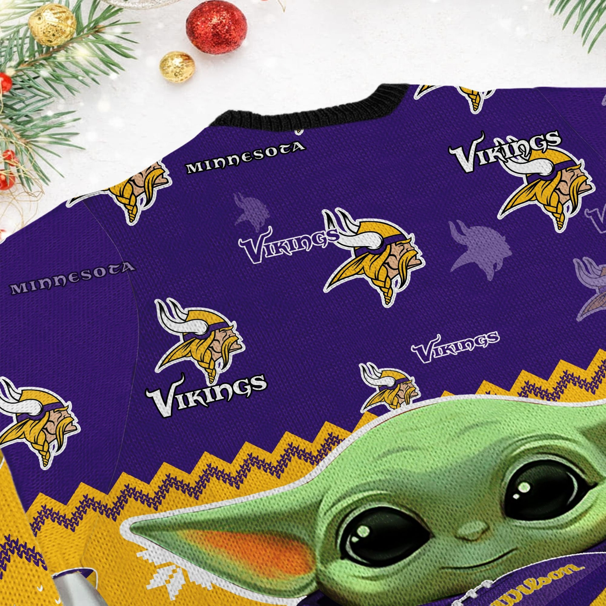 Minnesota Vikings Baby Yoda Ugly Christmas Sweater Adult 3D Funny Matching for family - Image 5