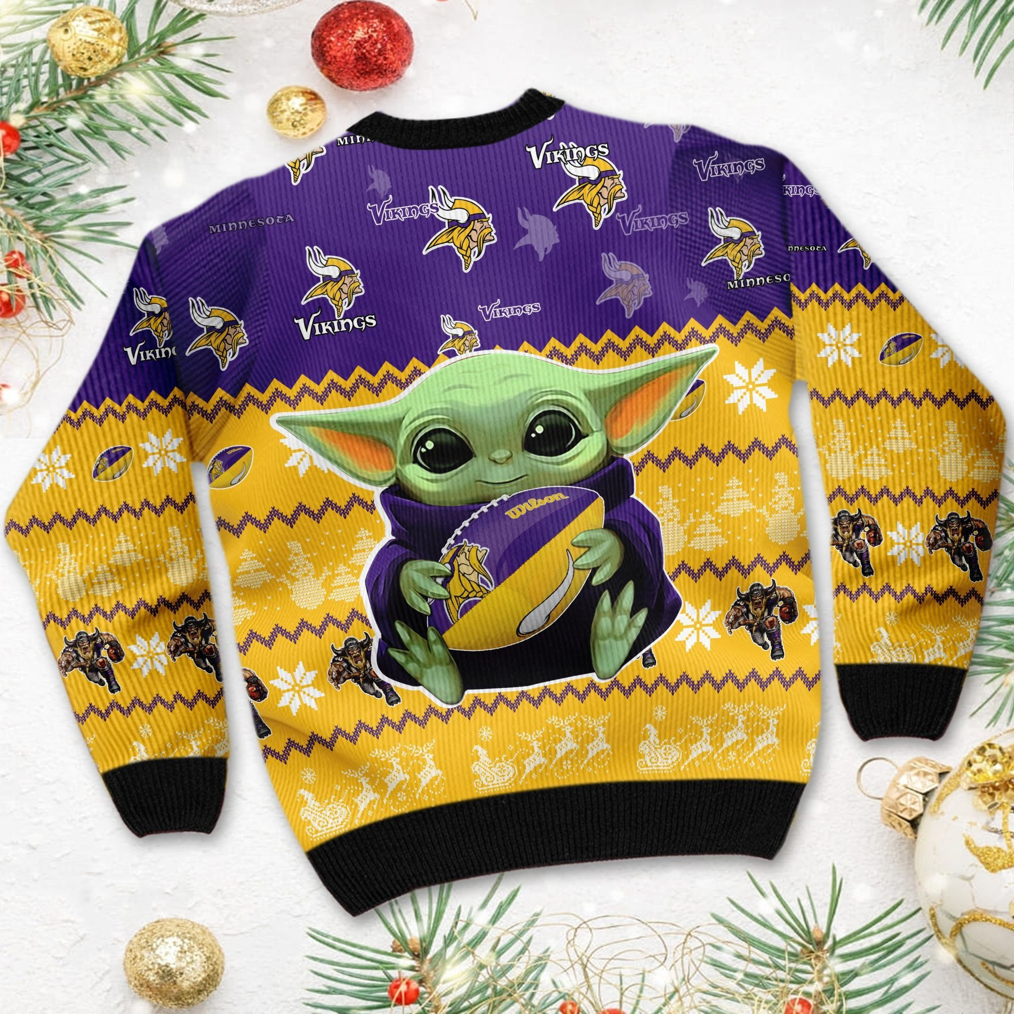 Minnesota Vikings Baby Yoda Ugly Christmas Sweater Adult 3D Funny Matching for family - Image 3