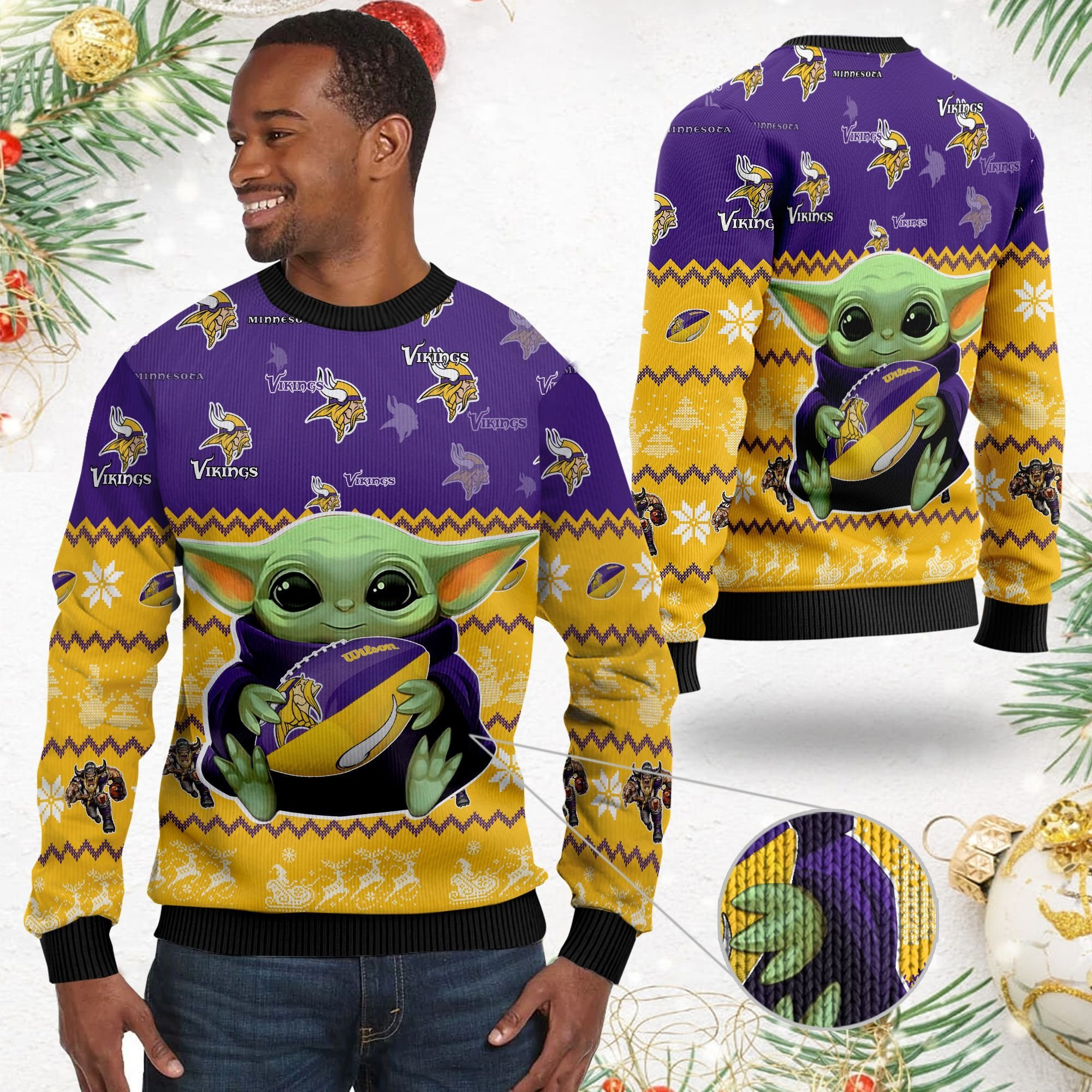 Minnesota Vikings Baby Yoda Ugly Christmas Sweater Adult 3D Funny Matching for family - Image 2
