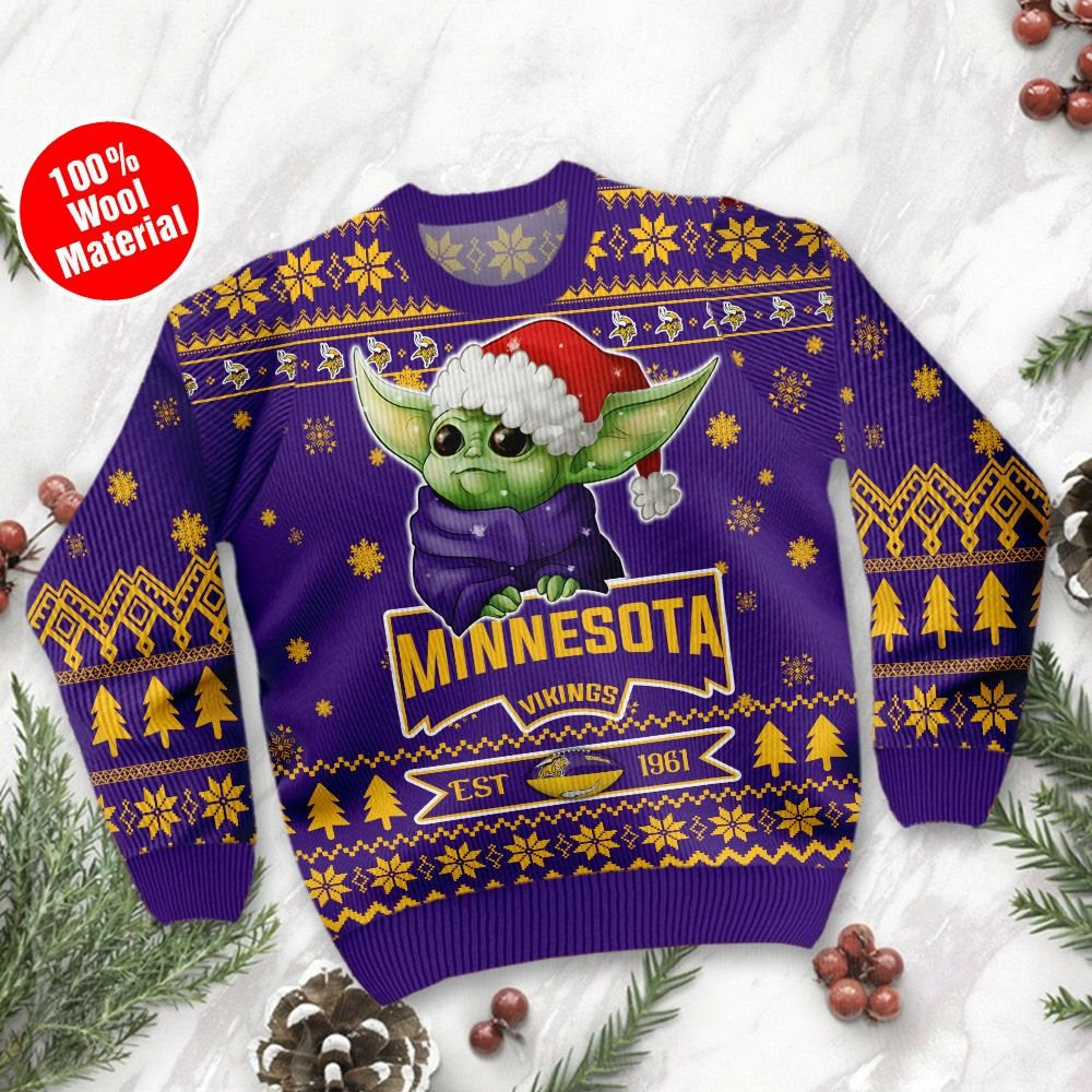 Minnesota Vikings Cute Baby Yoda Grogu Holiday Party Ugly Christmas Sweater Adult 3D Funny Matching for family - Image 2