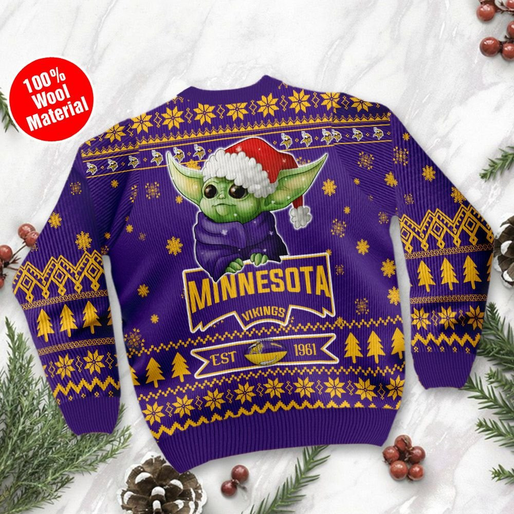 Minnesota Vikings Cute Baby Yoda Grogu Holiday Party Ugly Christmas Sweater Adult 3D Funny Matching for family - Image 3
