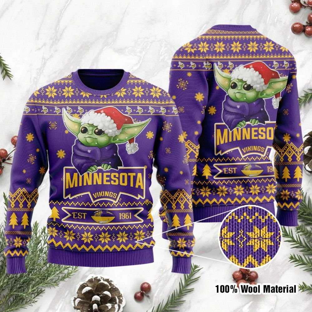 Minnesota Vikings Cute Baby Yoda Grogu Holiday Party Ugly Christmas Sweater Adult 3D Funny Matching for family