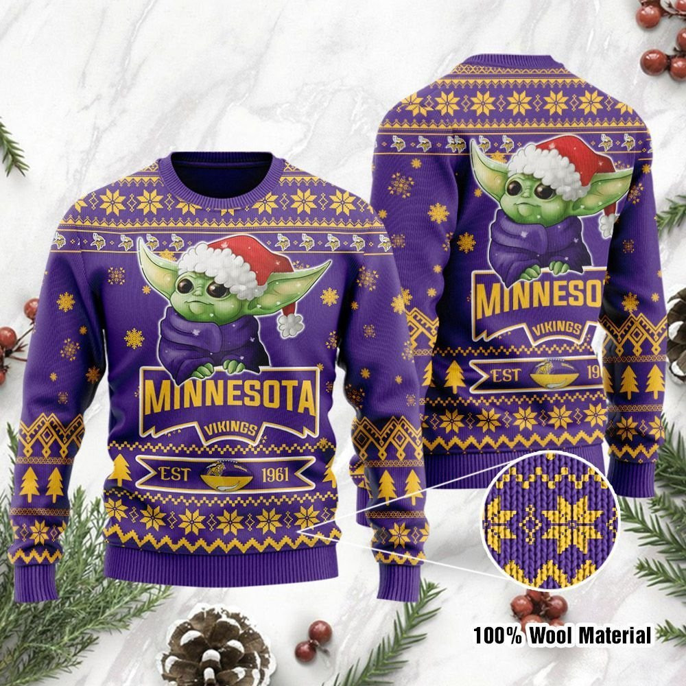 Minnesota Vikings Cute Baby Yoda Grogu Ugly Christmas Sweater Adult 3D Funny Matching for family