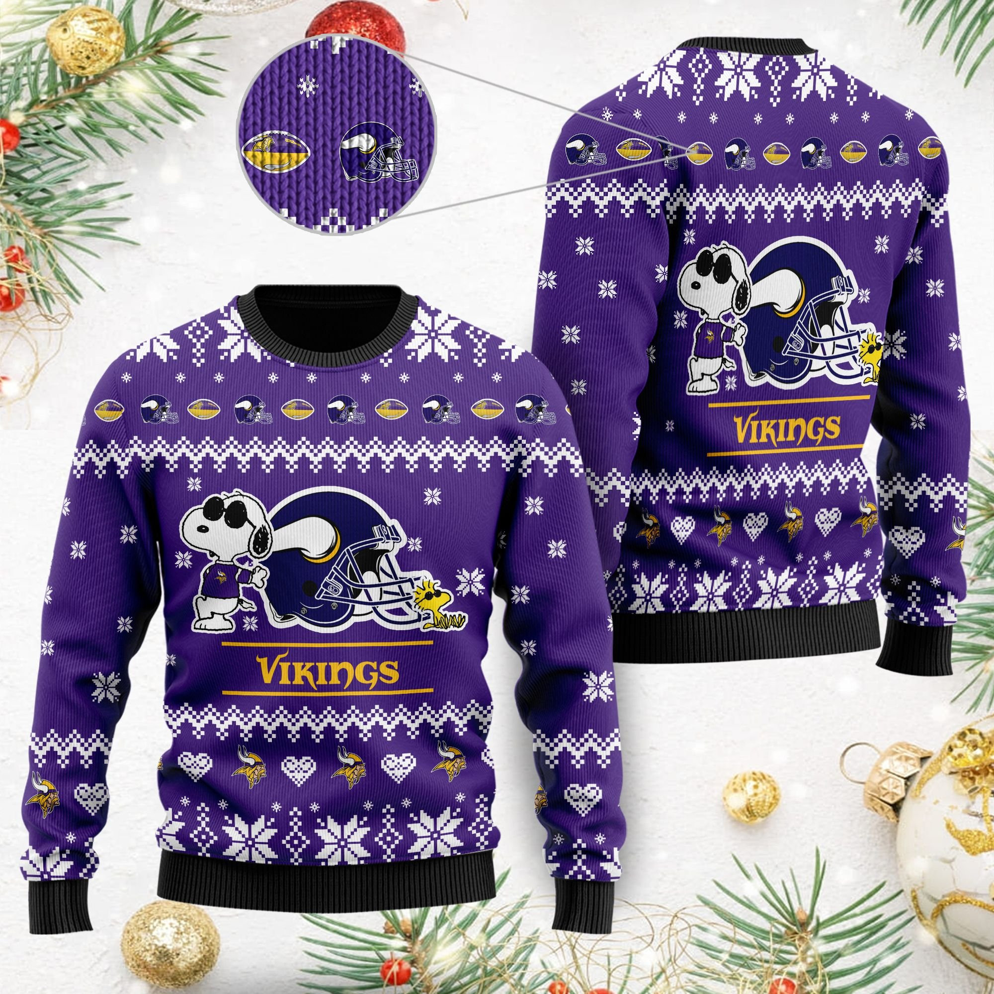 Minnesota Vikings Cute The Snoopy Show Football Helmet 3D Ugly Christmas Sweater Adult 3D Funny Matching for family