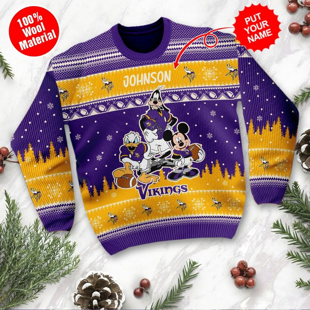Minnesota Vikings Disney Donald Duck Mickey Mouse Goofy Personalized Ugly Christmas Sweater Adult 3D Funny Matching for family - Image 2