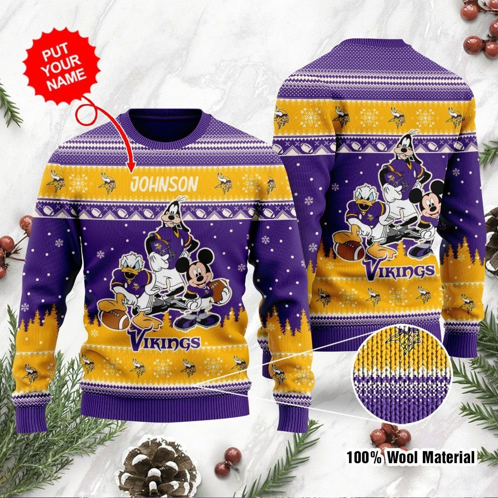 Minnesota Vikings Disney Donald Duck Mickey Mouse Goofy Personalized Ugly Christmas Sweater Adult 3D Funny Matching for family