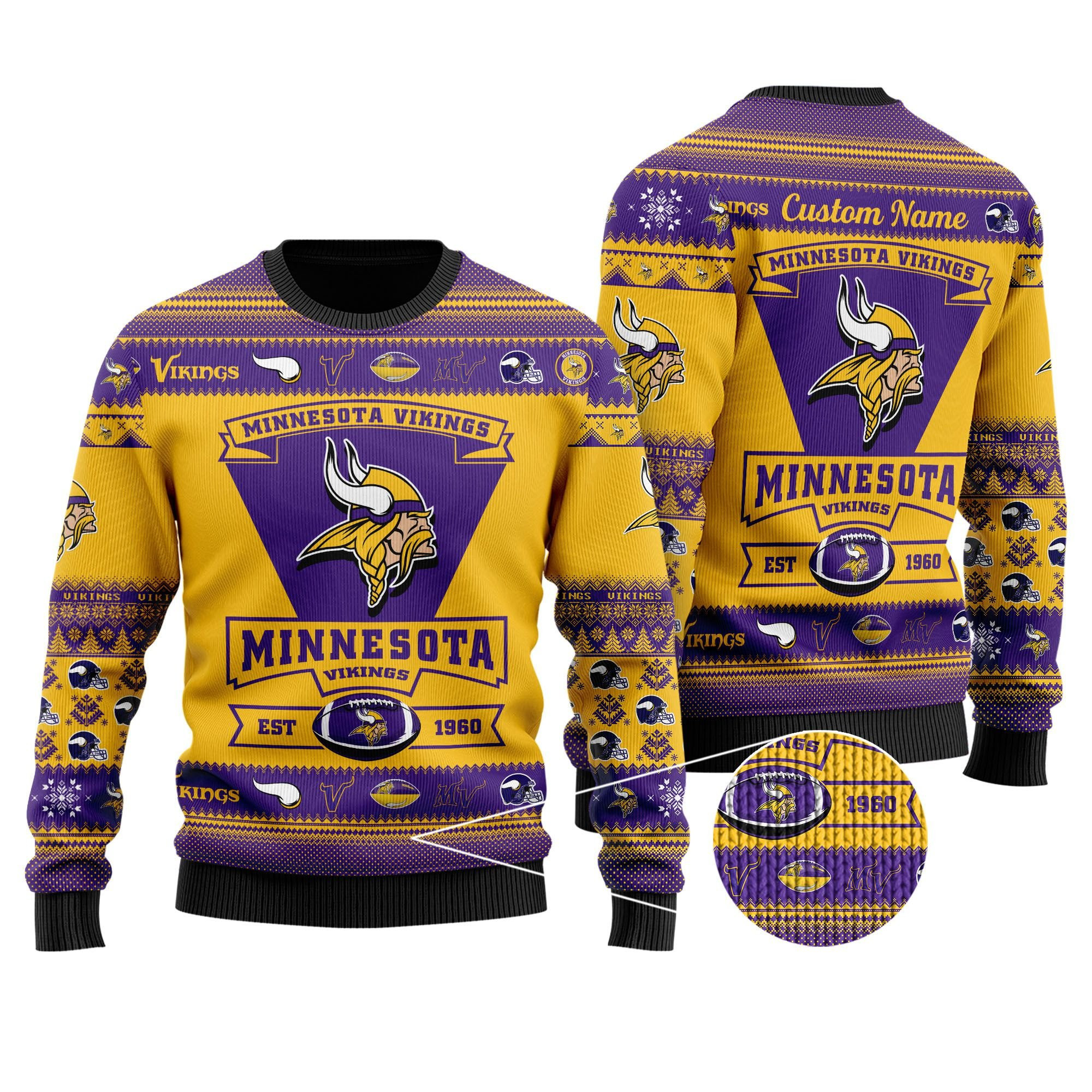 Minnesota Vikings Football Team Logo Custom Name Personalized Ugly Christmas Sweater Adult 3D Funny Matching for family - Image 2
