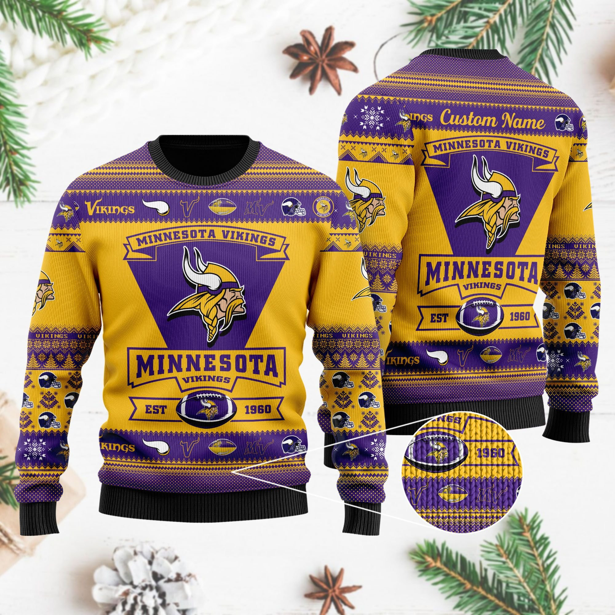 Minnesota Vikings Football Team Logo Custom Name Personalized Ugly Christmas Sweater Adult 3D Funny Matching for family