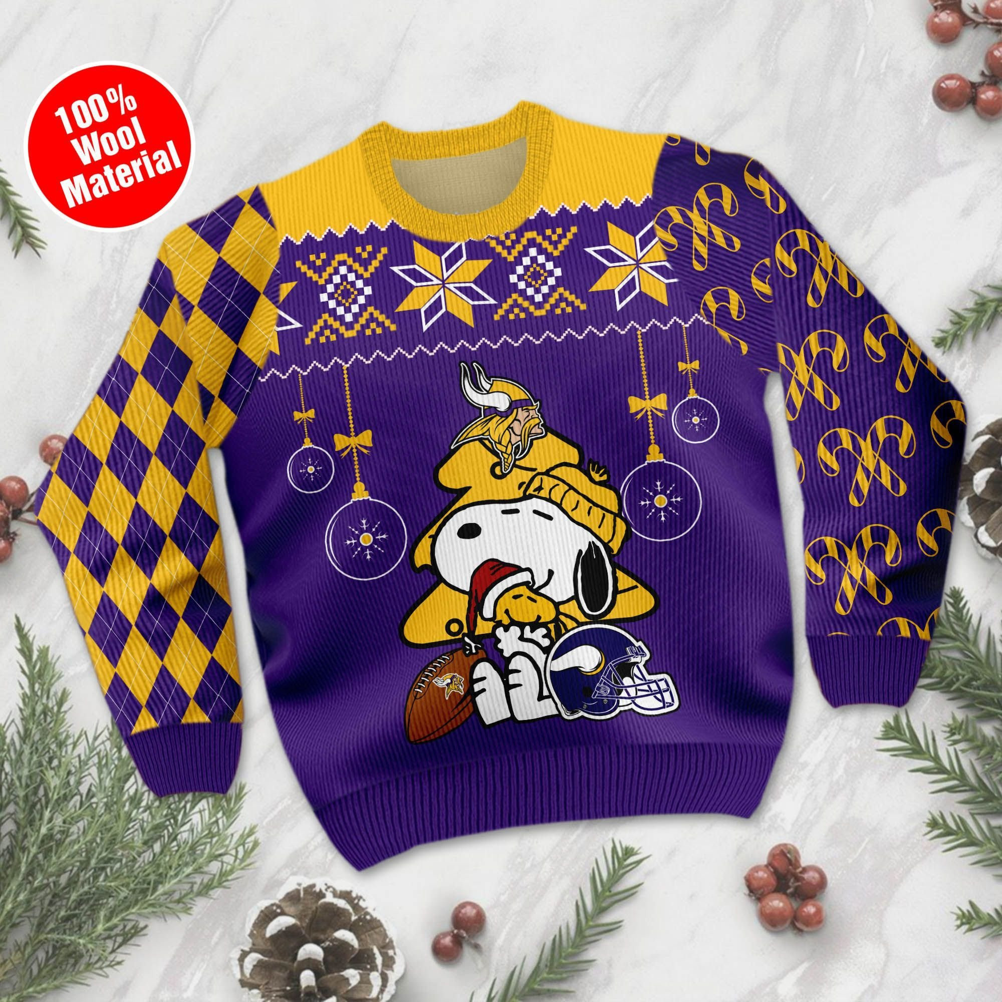 Minnesota Vikings Funny Charlie Brown Peanuts Snoopy Ugly Christmas Sweater Adult 3D Funny Matching for family - Image 2