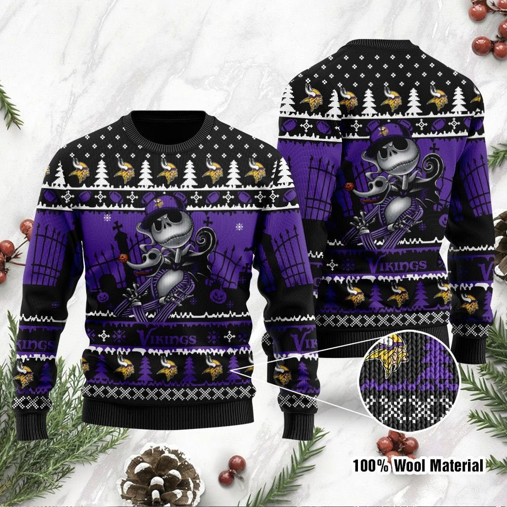 Minnesota Vikings Jack Skellington Halloween Ugly Christmas Sweater Adult 3D Funny Matching for family