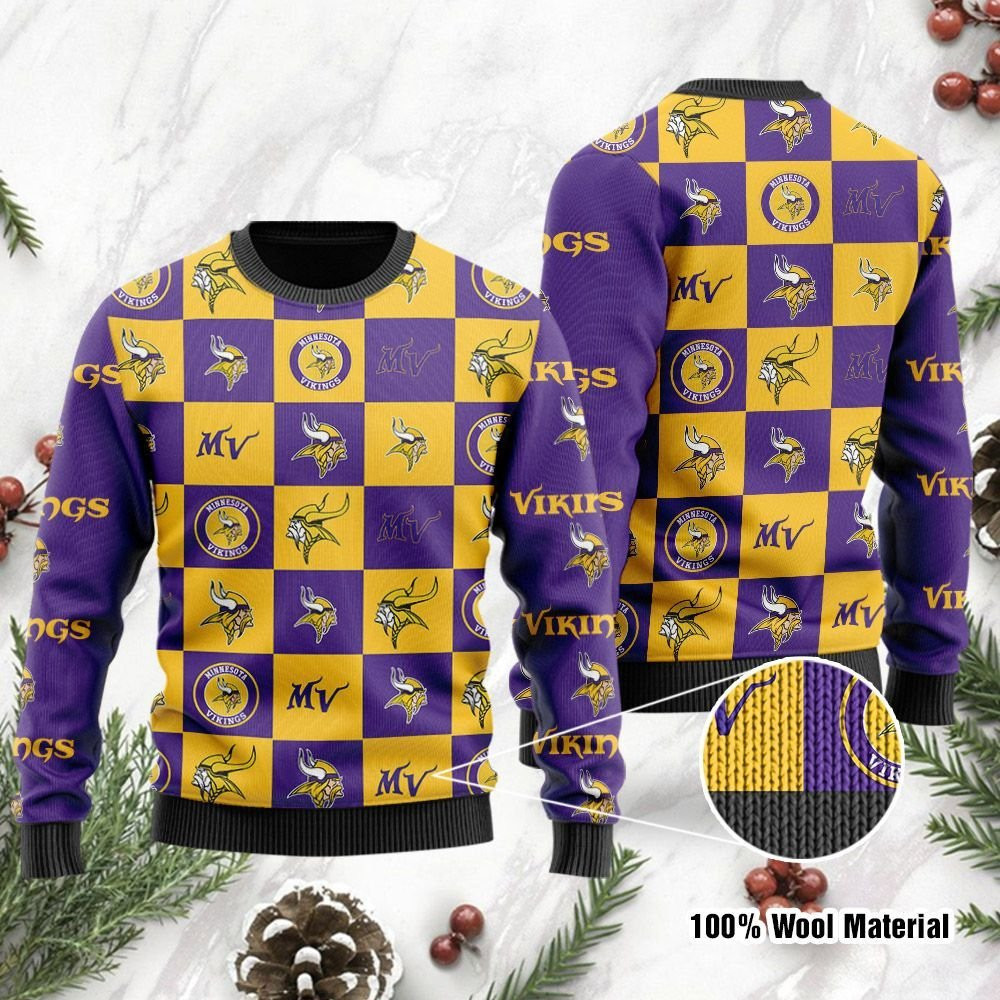 Minnesota Vikings Logo Checkered Flannel Ugly Christmas Sweater Adult 3D Funny Matching for family