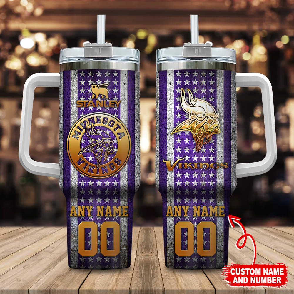 Minnesota Vikings NFL Golden Logos US Flag Custom Stanley Cup 40 oz 30 oz Tumbler With HandleTVC230181