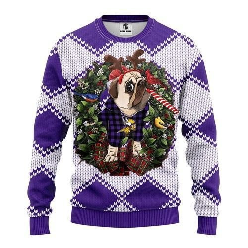 Minnesota Vikings Pug Dog Ugly Christmas Sweater Adult 3D Funny Matching for family