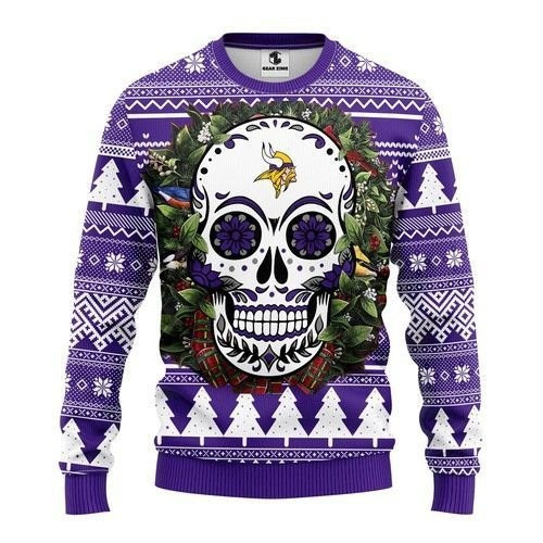 Minnesota Vikings Skull Flower Ugly Christmas Sweater Adult 3D Funny Matching for family