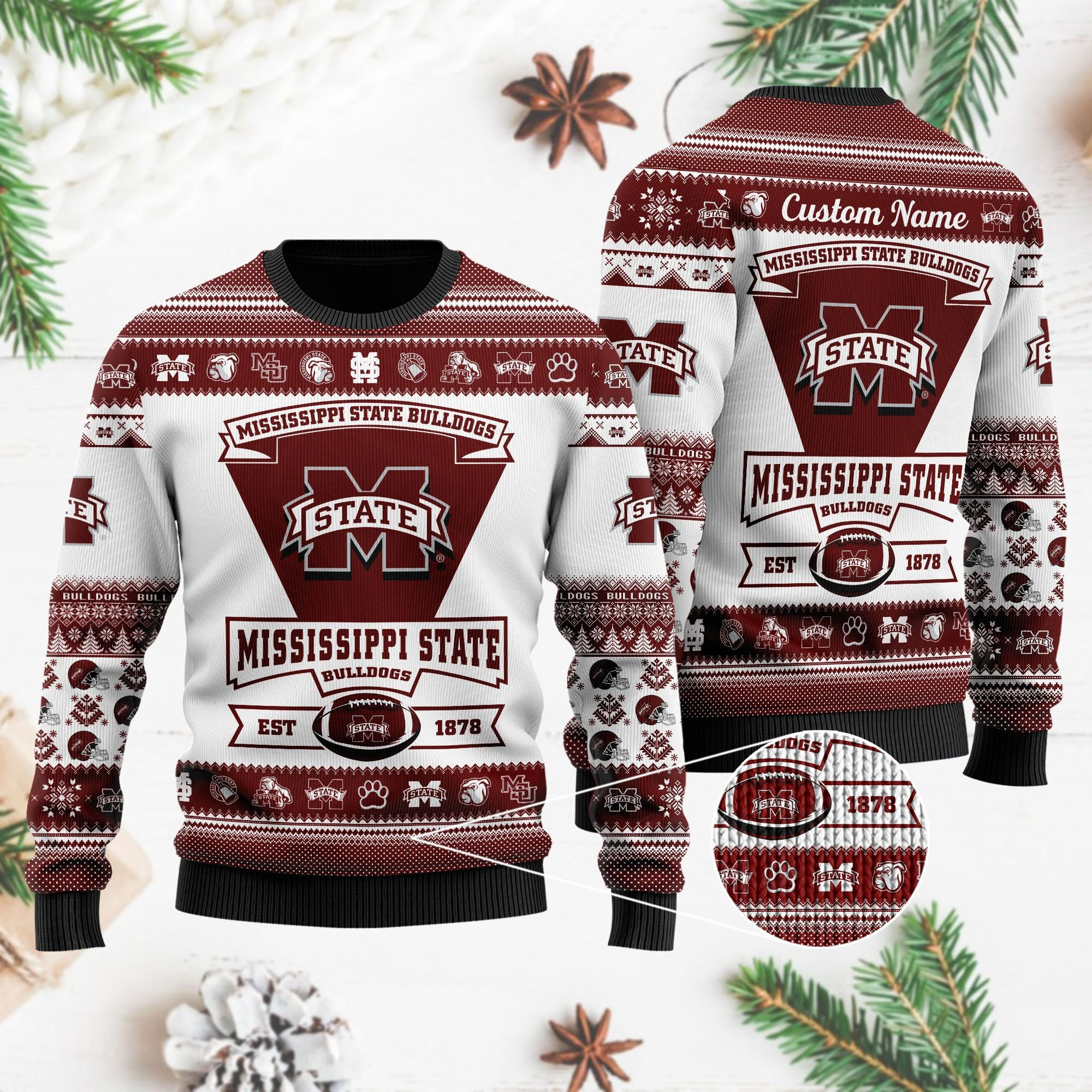 Mississippi State Bulldogs Football Team Logo Personalized Ugly Christmas Sweater Adult 3D Funny Matching for family - Image 3